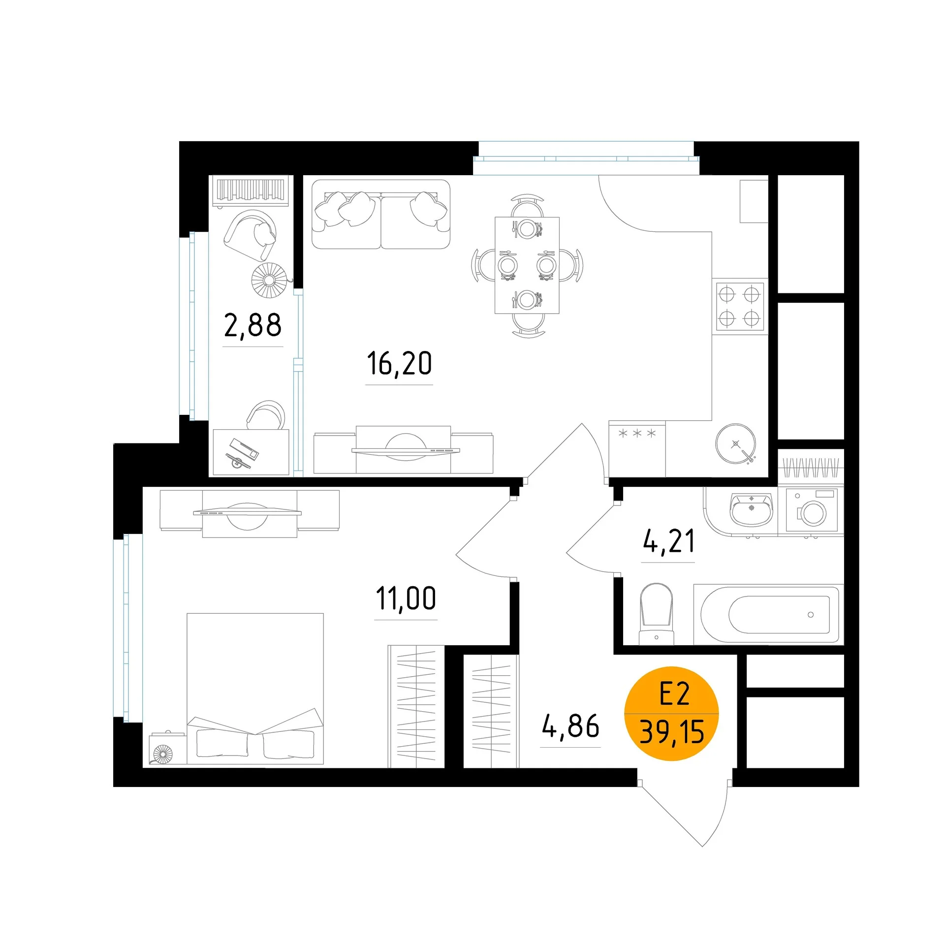Планировка Квартира с одной спальней и гостиной 16 м² (Евро-2)