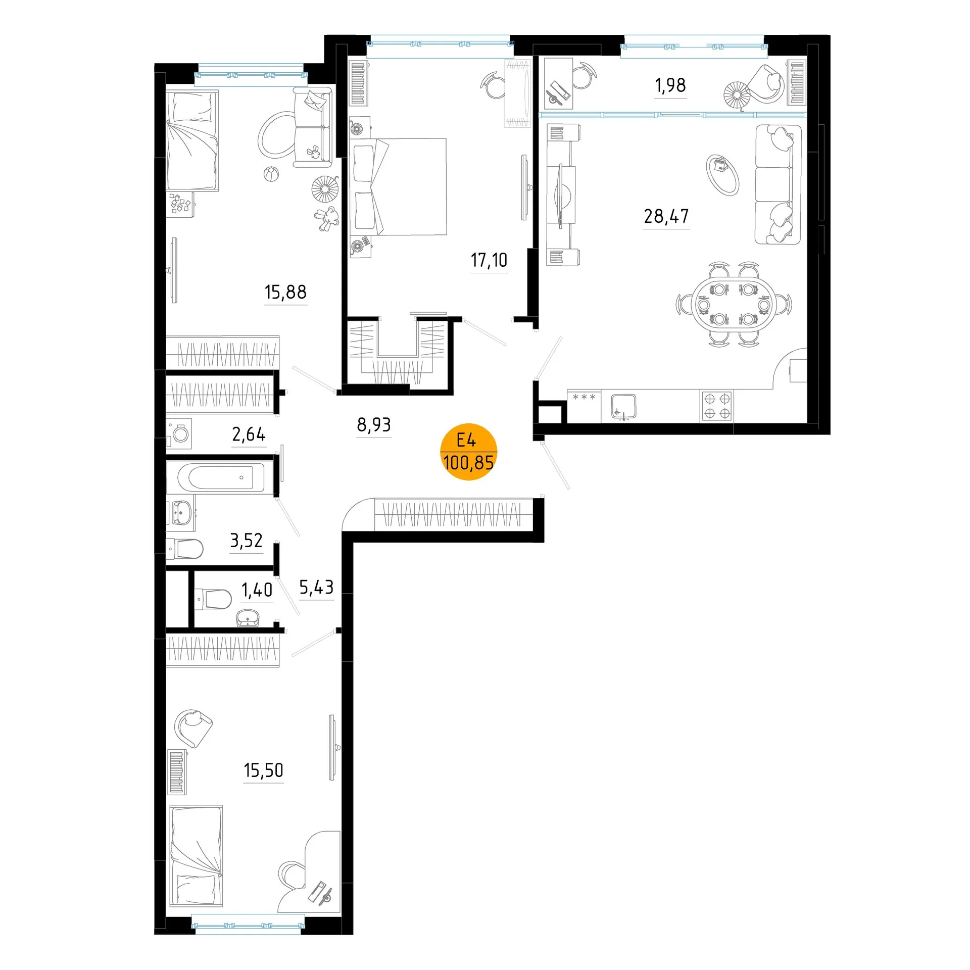 Планировка Квартира с тремя спальнями и гостиной 30 м² (Евро-4)