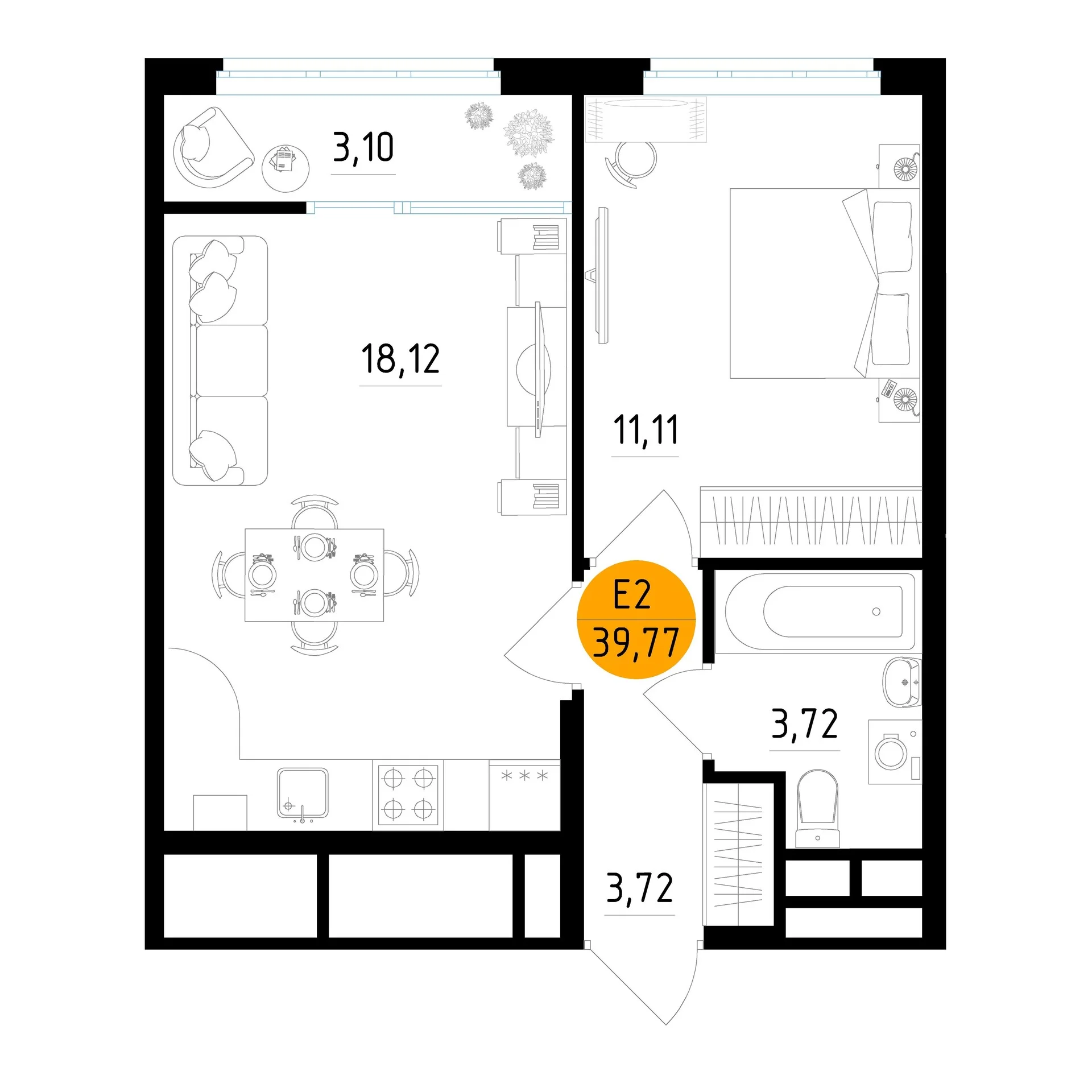 Планировка Квартира с одной спальней и гостиной 18 м² (Евро-2)