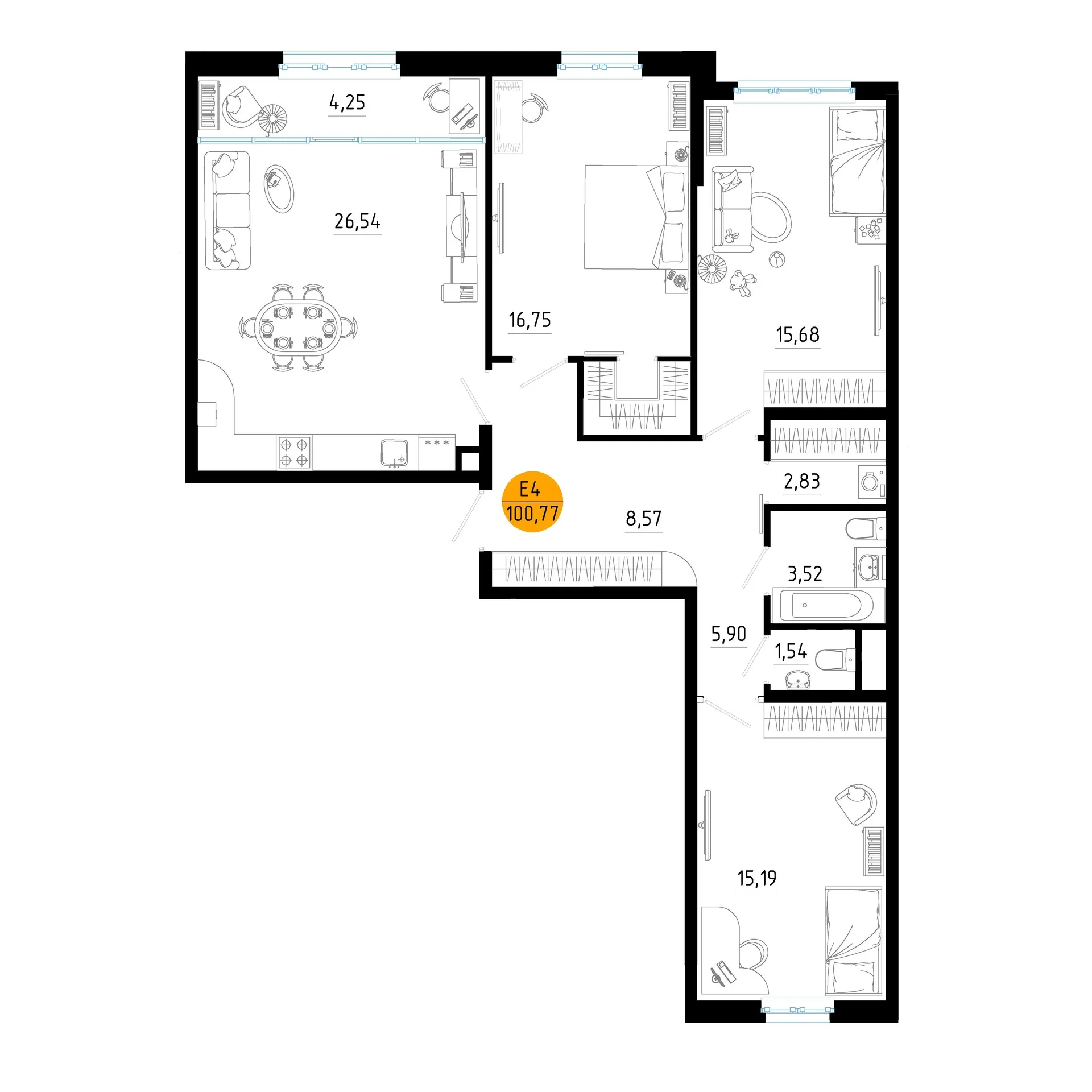 Планировка Квартира с тремя спальнями и гостиной 31 м² (Евро-4)