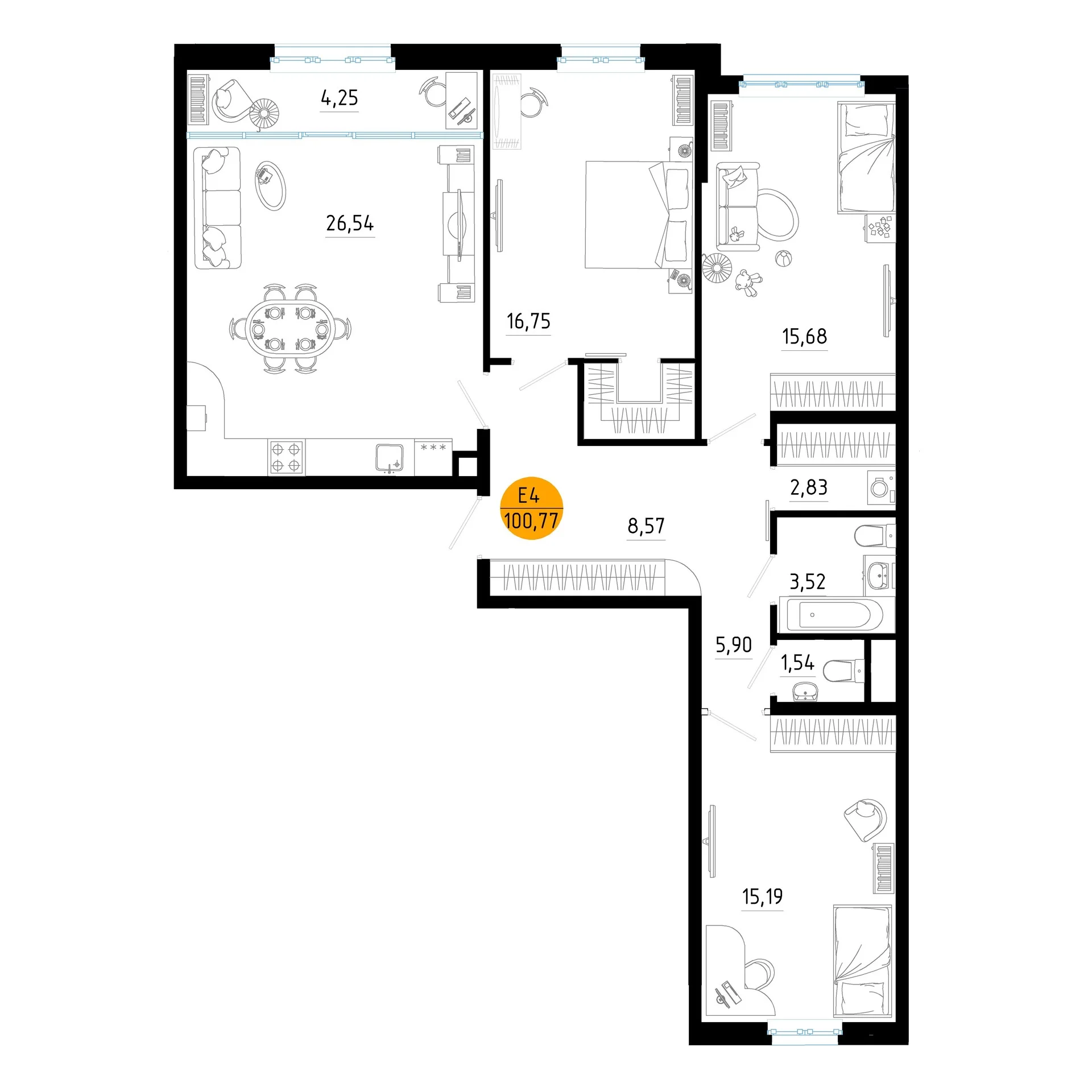 Планировка Квартира с тремя спальнями и гостиной 31 м² (Евро-4)