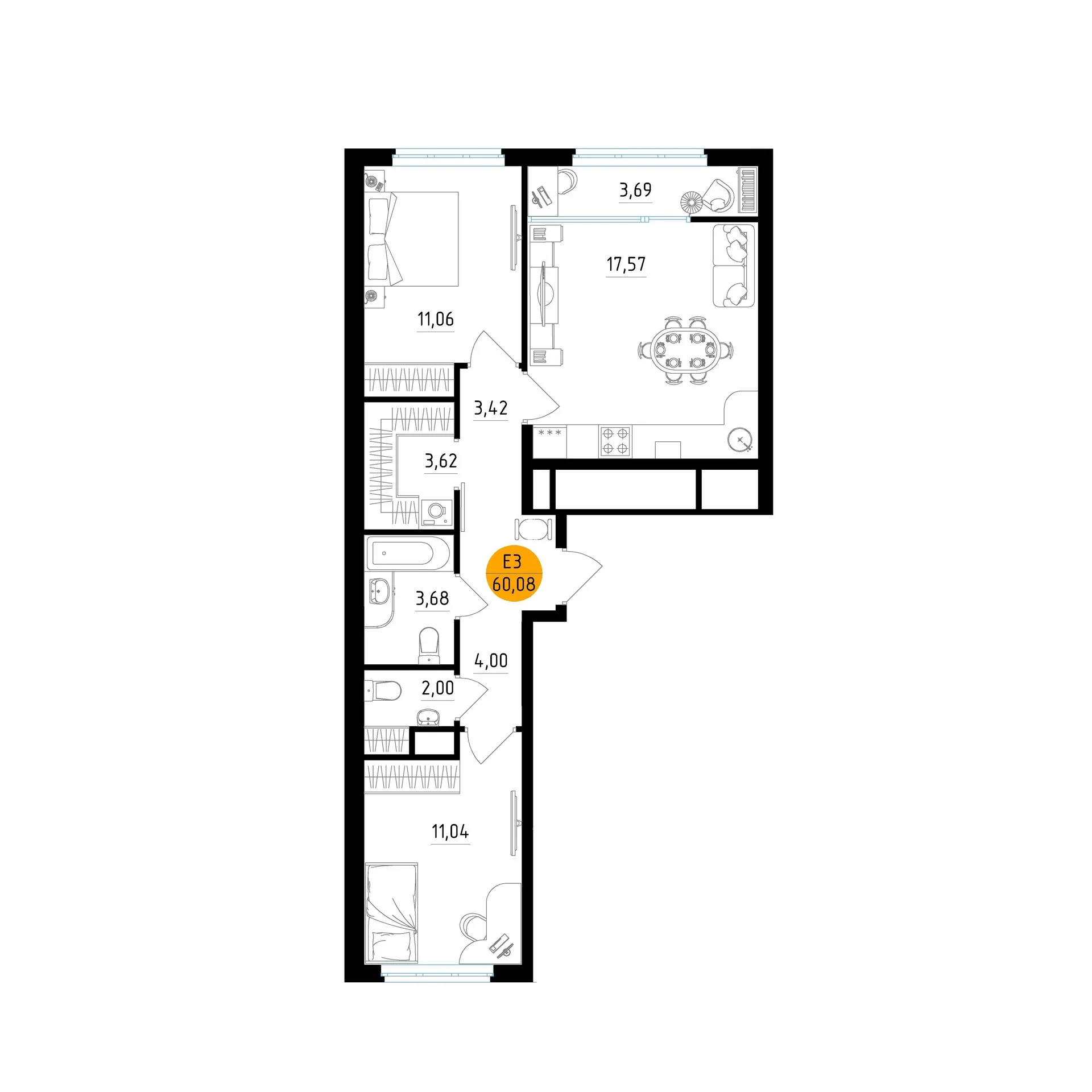 Планировка Квартира с двумя спальнями и гостиной 18 м² (Евро-3)